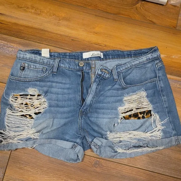 Kancan Blue Ripped Jean Shorts with Leopard Accent - Picture 2 of 5
